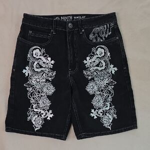 Ninth Waylay Black Jean Shorts with White Dragon Design